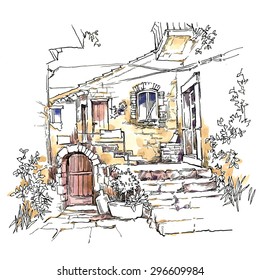 Watercolor vector sketch of old street landscape.
