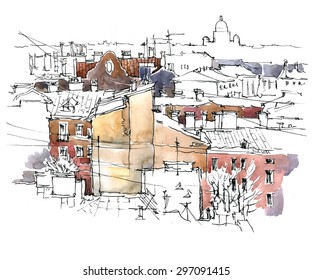 Watercolor Vector Sketch Of Old Street Landscape.