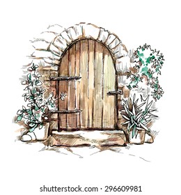 Watercolor vector sketch of old wooden doorway
