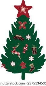 Watercolor vector small Christmas tree with star. Green Fabric Christmas tree with beautiful toys. Textil tree, patchwork style. Vintage. Greeting design, stickers, scrapbook