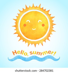 Watercolor vector smiling sun with cartoon funny face and sea wave. Hello, summer!  typographic composition. Holiday, vacation hand drawn illustration.