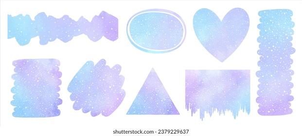 Watercolor vector snow backgrounds, shapes collection. Brush strokes, heart, triangle, uneven stripe, icsicles with splash, spray, hand drawn dots texture. Graphic design elements set, frame, border.