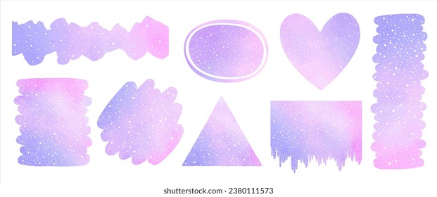 Watercolor vector snow backgrounds, shapes collection. Brush strokes, heart, triangle, uneven stripe, icsicles with splash, spray, hand drawn dots texture. Graphic design elements set, frame, border.