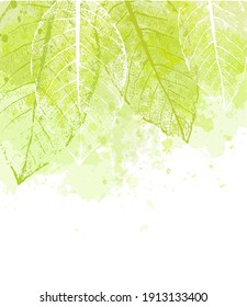 Watercolor vector spring abstract background with leaves. Grunge green design for text. Template for your design, flyer, card, banner and poster