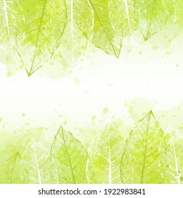 Watercolor vector spring abstract background with leaves. Watercolor template in green colors for text. Splash design for  flyer, card, banner and poster