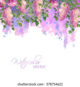 Borde abstracto artístico vectorial de color de agua con flores y ramas de lilac, rayas, blobs