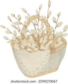 Watercolor vector spring basket of willow branches, Easter, for Printable Cards invitations greeting cards vector
