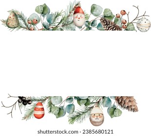 Watercolor vector spruce, fir, cedar branches, eucalyptus, pine cones, winter berries, christmas toys  frame, banner. Hand drawn.Template space for text, message, sign for greeting cards, invitation.
