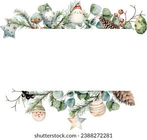 Watercolor vector spruce, fir, cedar branches, eucalyptus, pine cones, winter berries, christmas toys  frame, banner. Hand drawn.Template space for text, message, sign for greeting cards, invitation, 