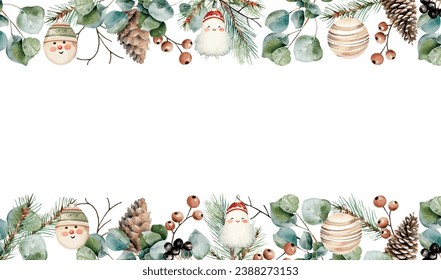 Watercolor vector spruce, fir, cedar branches, eucalyptus, pine cones, winter berries and christmas toys horizontal frame, banner. Hand drawn.Template space for text, message, sign for greeting cards.