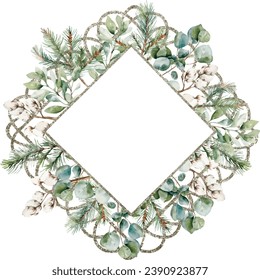 Watercolor vector square brilliant silver frame with cotton, cedar branches, eucalyptus. Greenery. Template space for text, message, greeting cards, invitation, wedding card, save the date.