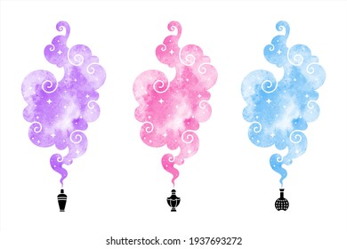 Watercolor Vector Steam Clouds With Swirls. Pink, Blue, Violet Watercolour Stains. Fragrance Concept, Perfume Scent, Aroma Visualization. Magic Smoke Shape. Text Background, Graphic Design Elements.