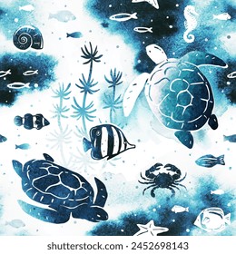 Watercolor vector stylish seamless pattern with silhouette ocean bottom, turtles, crab, seahorse, fish, seaweed, sea shells and abstract splashes. For textile print, page fill, website, wrapping paper