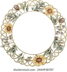 Watercolor vector summer sunflower lace frame in circle shape, Illustration. Floral clip art, summer clipart, top. Lace frame. Template for gift decoration, greeting cards, invitation, wedding card,
