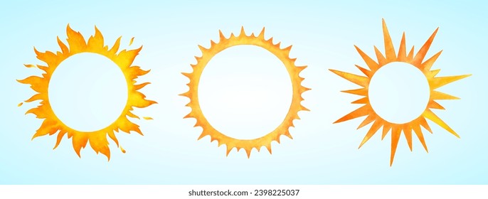 Watercolor vector sun crown shapes illustrations set. Fire colors round solar frames, watercolour stains, stylized rays. Orange red yellow circle, flaming ring. Maslenitsa background, template.