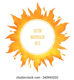 Watercolor vector sun with crown and sparks. Fire circle frame. Sun shape or flame border with space for text.