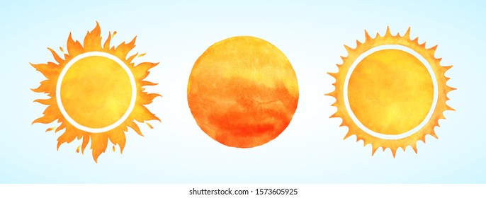 Акварельные векторные формы солнца. Набор иллюстраций «Восходящее солнце, закат, рассвет». Огненные краски круглой формы, акварельные пятна. Оранжево-красный желтый круг, пылающая рамка короны. Масленица, фон Масленицы.