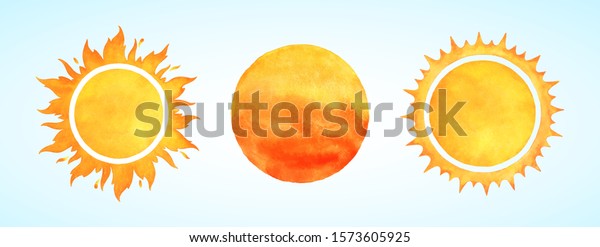 Watercolor vector sun shapes. Rising sun,\
sunset, dawn illustrations set. Fire colors round shape,\
watercolour stains. Orange red yellow circle, flaming crown frame.\
Maslenitsa, Shrovetide\
background.