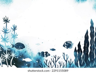 Watercolor vector template with fish and seaweed on white background. Watercolor seascape. Useful for posters, web design, flyer, advertisement, banner, invitation card