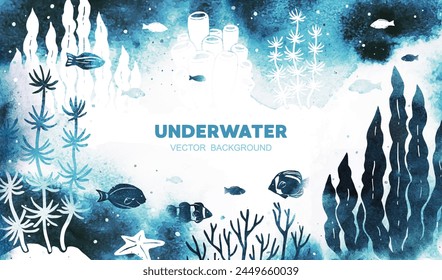 Watercolor vector template with fish and seaweed in blue colors. Marine underwater life. Template for posters, web design, flyer, advertisement, banner, invitation card