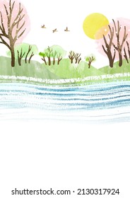 Watercolor vector template with river, blooming trees, sun and place for text or illustration. Spring hand draw vector Illustration. For invitation, poster, flyer, banner, card