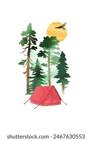 Watercolor vector template with tent, coniferous forest, eagle and sun. Travel concept. Nature Illustration for print, poster, book, banner, card