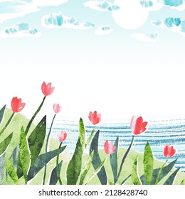 Watercolor vector template with tulips and river. Spring cute hand drawn vector illustration. Nature template with place for text or illustration