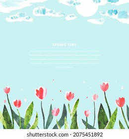 Plantilla vectorial de color de agua con tulipanes y cielo aislados en fondo azul. Marco de plantilla de primavera para invitación, afiche, volante, pancarta, tarjeta. Lugar del mensaje