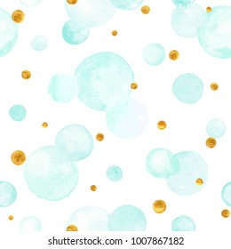 Watercolor vector texture. Aquarelle circles in pastel colors. Seamless pattern. Watercolor blue and golden spots isolated on white background.