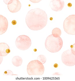 Watercolor vector texture. Aquarelle circles in pastel colors. Seamless pattern. Watercolor pink, and golden spots isolated on white background. Watercolor vector texture. Aquarelle circles in pastel colors. Seamless pattern. Watercolor pink, and golden spots isolated on white background.