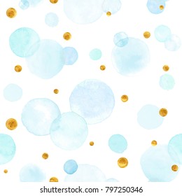 Watercolor vector texture. Aquarelle circles in pastel colors. Seamless pattern. Watercolor blue and golden spots isolated on white background.