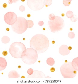 Watercolor vector texture. Aquarelle circles in pastel colors. Seamless pattern. Watercolor pink, and golden spots isolated on white background.