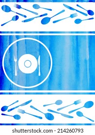watercolor vector texture of the spoons and forks in blue