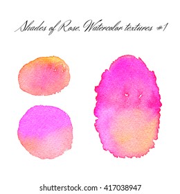 Watercolor vector textures in shades of rose. Hand painter backgrounds, stains, blots, swatches.