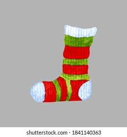 Watercolor vector tracing christmas sock in multicolored stripes Gift sock, warm sock.