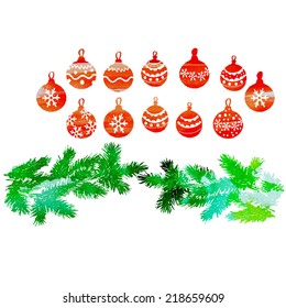 watercolor vector tree branches and a set of Christmas decorations