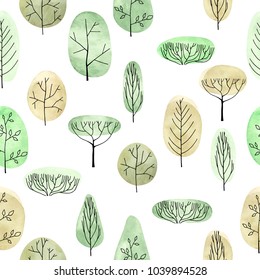 Watercolor vector trees seamless pattern on white background