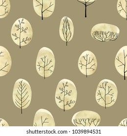 Watercolor vector trees seamless pattern on begie background