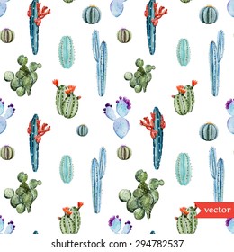 watercolor vector tropical cactus pattern, seamless set of different cactus