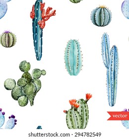 Watercolor Vector Tropical Cactus Pattern, Set Of Different Cactus