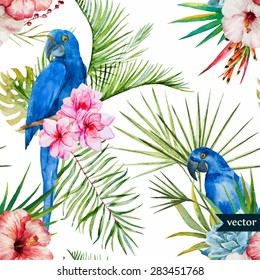 watercolor vector tropical pattern, blue parrot, and hibiscus