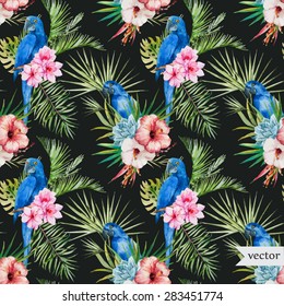 watercolor vector tropical pattern, blue parrot, and hibiscus and palm leaves dark background
