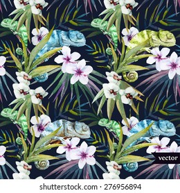 watercolor vector tropical pattern with a chameleon dark background