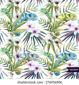 watercolor vector tropical pattern with a chameleon