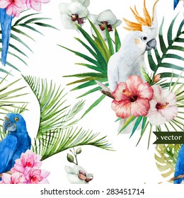 watercolor vector tropical pattern, parrots and hibiscus, tropical leaves