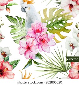 watercolor vector tropical pattern, pink frangipani flowers and white parrot 