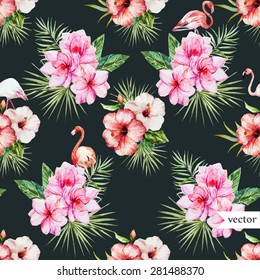 watercolor vector tropical pattern, plumeria flowers and hibiscus, flamingo on a dark background