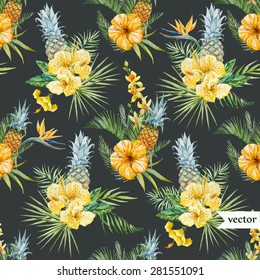 watercolor vector tropical pattern, yellow flowers and pineapple, dark background