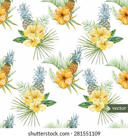 watercolor vector tropical pattern, yellow flowers and pineapple