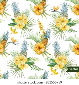 Watercolor Vector Tropical Pattern, Yellow Flowers And Pineapple, Strelitzia